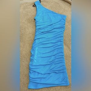 One shoulder blue sparkly dress